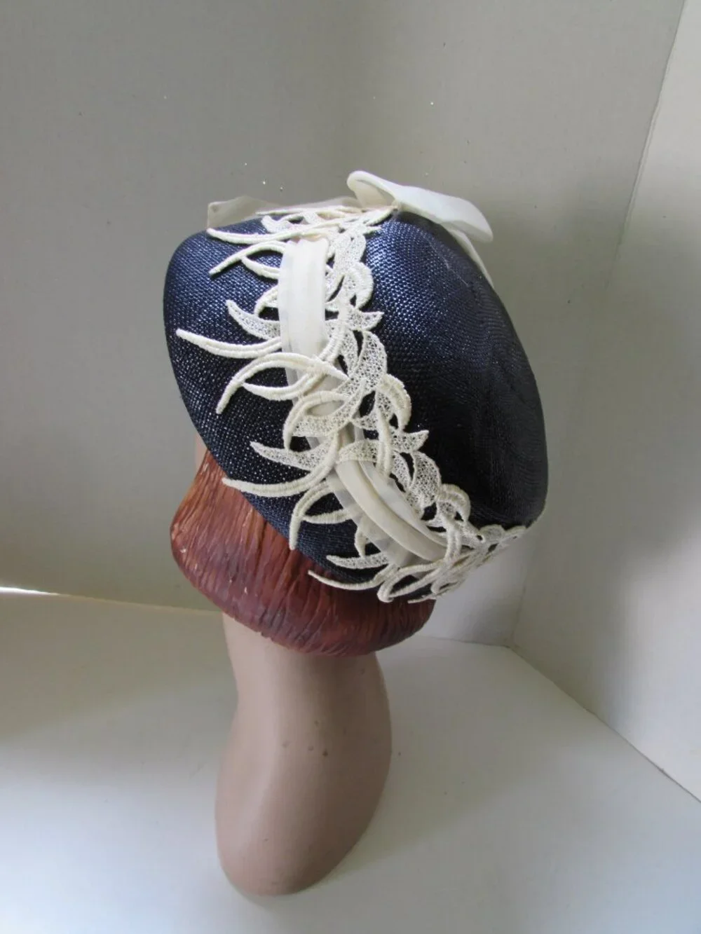 Vintage Hat Navy Blue Weave White Organdy Bow White Trim